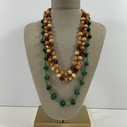 077 Lot Of Two Vintage Beaded Necklaces, Green Agate, Wood, Glass