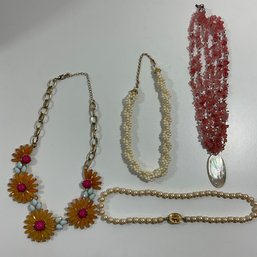 075 Lot Of Four Vintage Statement Necklaces, Pearl, Quartz, Colored Rhinestone, Shell