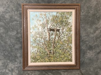 (S128) Large 1982 Janet Kruskamp 'Treehouse' Oil On Canvas LISTED ARTIST 47 X40'