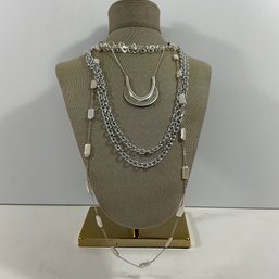 071 Lot Of Four Sterling Silver And Silver Tone Necklaces With Pendants And Pearls, Avon