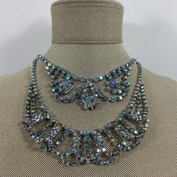 066 Lot Of Two Blue Rhinestone Statement Necklaces