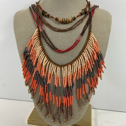 062 Lot Of Four Vintage Seed Beaded Coral, Salmon, Brown, & Gray Statement Necklaces
