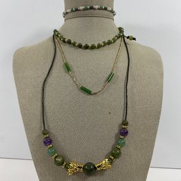 060 Lot Of Four Jade Stone Beaded Necklaces And Bracelet, Gold & Silver Tone