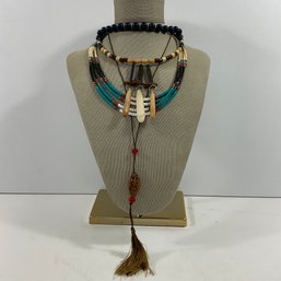 056 Lot Of Four Cultural Style & Costume Necklaces/Choker, Carved Wood, Bone, Sterling, Turquoise, Blue Beads