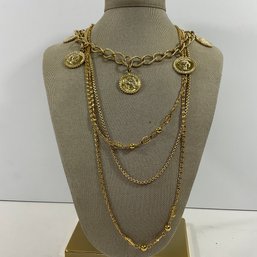 055 Lot Of Three Gold Tone Chain Necklaces, Roman Coin Necklace