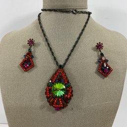 053 Set Of Multicolored Rhinestone Statement Costume Jewelry, Necklace And Earrings