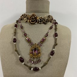 052 Lot Of Three Gold Tone Vintage Victorian Style Necklaces, Amethyst Stone Beads