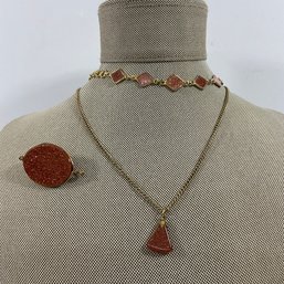 050 Set Of Goldstone Jewelry, Necklace, Bracelet, And Brooch