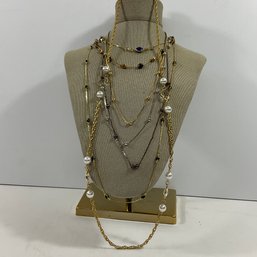 048 Lot Of Five Gold Tone Chain Beaded Long Layering Necklaces