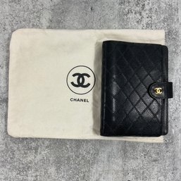 084 Vintage Chanel Black Leather Planner/Address Book With Gold Tone Hardware And Dust Bag