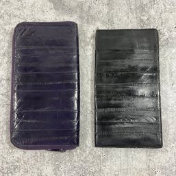 095 Lot Of Two Vintage Eel Skin Wallets, Purple And Black