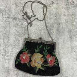 098 Vintage Christiana Pure Silk Seed Beaded Floral Patterned Purse Made In India