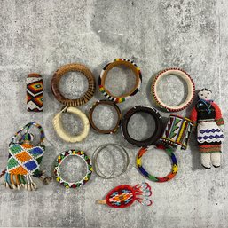 101 Big Lot Of Fourteen African Seed Beaded Multi Colored Bangle Bracelets Plus Extra Doll/Bottles