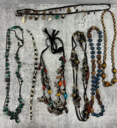103 Lot Of Seven Ethnic Style Artistic Necklaces, Wood, Metal, Glass, Bone, Thread