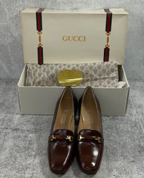 111 Vintage Gucci Brown Leather Loafer Style Womens Heels Size 37 With Original Packaging