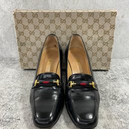 109 Vintage Gucci Black Leather Loafer Style Womens Heels Size 37.5