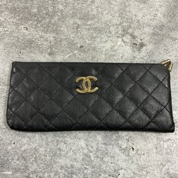 123 Vintage Chanel Leather Gold Tone Clutch/Wallet/ Eyeglass Case  With Red Velvet Interior