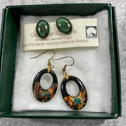 033 Pair Of Two Earrings, Multi-Color Dangly Oval Earrings & Alaska Porcelain Clip Ons