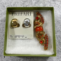 028 Trifari Magnetic Clip Earrings And Signed Miriam Haskell Gold Brooch
