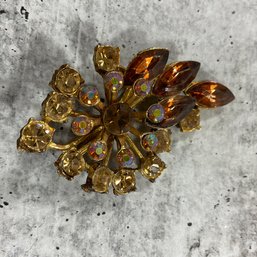 020 Multicolored Rhinestone Gems Brooch Gold Painted