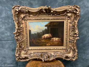 028 Two Pigs Farm Oil Painting In Ornate Gilded Gold Frame Unsigned