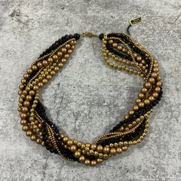 071 Black And Gold Tone 8-layered Twirled Beaded Hong Kong Vintage Necklace