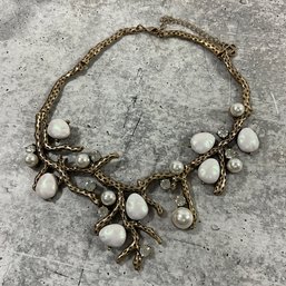 072 Faux Pearl & Rhinestone Branch Statement Necklace