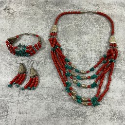 084 Set Of Coral And Turquoise Tribal Necklace, Bracelet, And Earrings