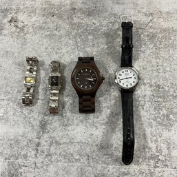 087 Lot Of 4 Wrist Watches, Wood, Steel, And Leather