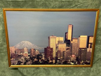 078 Vintage Framed Photograph Of Seattle City Skyline Mt. Rainier Unsigned