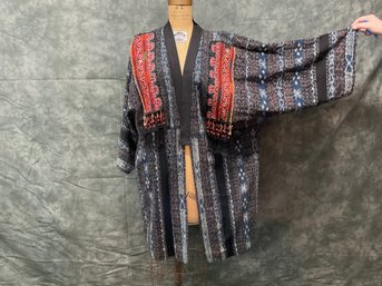104 Vintage IKAT Beaded Mirrored Fabric W/ Fringe Kimono