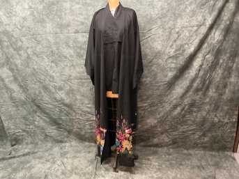 105 Vintage Long Black Cotton Duck Pond Kimono