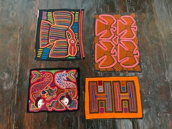 126 Lot Of Four (4) Mola South American Fabric Textile Artwork Orange And Black Cloth