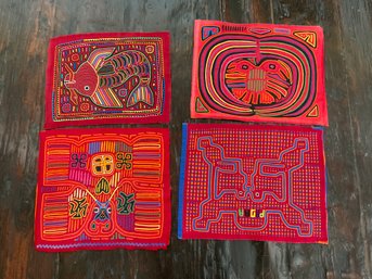 127 Lot Of Four (4) Mola South American Fabric Textile Artwork Orange And Red Cloth
