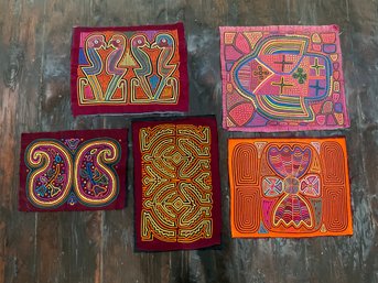 129 Lot Of Four (5) Mola South American Fabric Textile Artwork Maroon And Orange Cloth