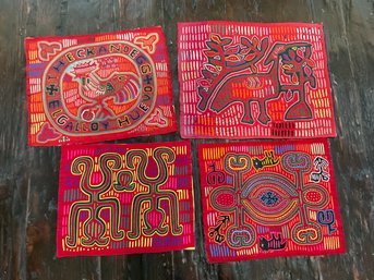 130 Lot Of Four (4) Mola South American Fabric Textile Artwork Red Cloth