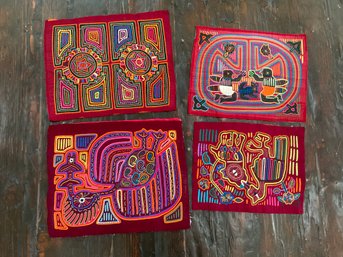 131 Lot Of Four (4) Mola South American Fabric Textile Artwork Maroon Cloth