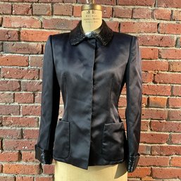 152 Vintage Calvin Klein Union Made Black Silk Beaded Womens Suit Jacket Size 6