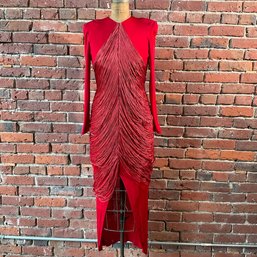 154 Vintage Bill Blass Red Fringe Draped Long Sleeve Mid Calf Dress