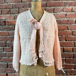 163 Vintage IMAGNIN Pink Wool Knit Silk Chiffon Mesh Ribboned Women's Sweater