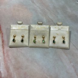 006 Lot Of Three Green Birthstone 14kt Gold Earrings (May, August)