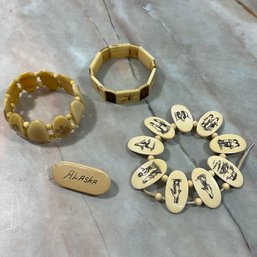 017 Lot Of Four Alaskan Native Carved Jewelry, Bracelets & Pin.
