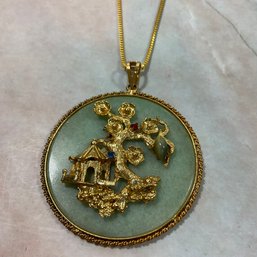 032 Vintage Chinese Gold Filled Jade Pendant Necklace