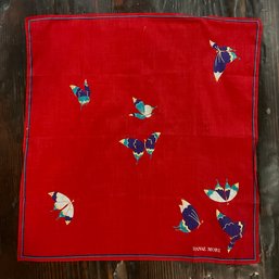 177 Vintage Hanae Mori Red Butterfly Linen Scarf/Neckerchief