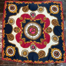 183 Vintage Silk Red, Blue, And Gold Clock Print Scarf, Unbranded