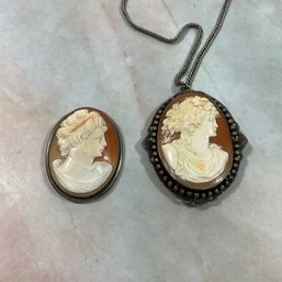 058 Lot Of Two Cameo Necklace Pendants/Brooch 14k White Gold Sterling Chain