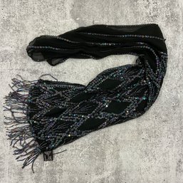 197 Vintage ATG 'All That Glitters' Black Rayon Iridescent Sequined Fringe Scarf