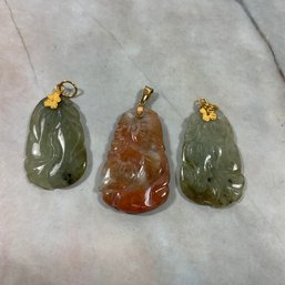 075 Lot Of Three Jade Stone Necklace Pendants With Gold Tone Floral Bails