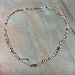 085 Vintage 14k Gold, Pink Ruby, Pearl Necklace