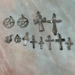 093 Lot Of Twelve Sterling Silver Necklace Pendants, Crosses And Pentacles